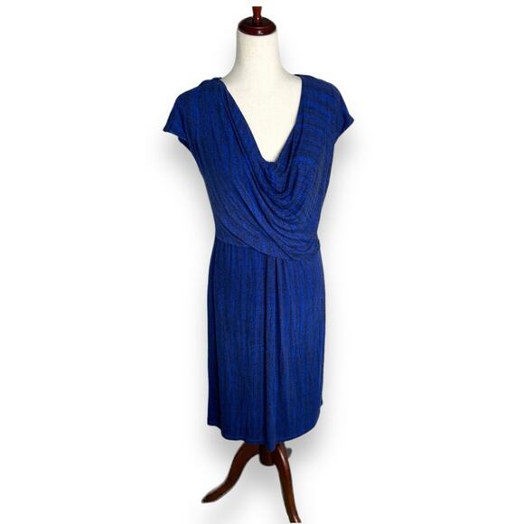 Halston Blue Draped Cowl Neck Dress Size 6 Frost Print Ruched Office Career EUC - Picture 1 of 6